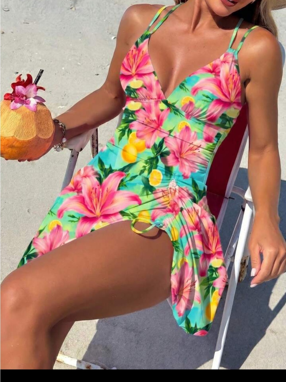 Tropical  Floral V neck Swim Dress Size M -6 New